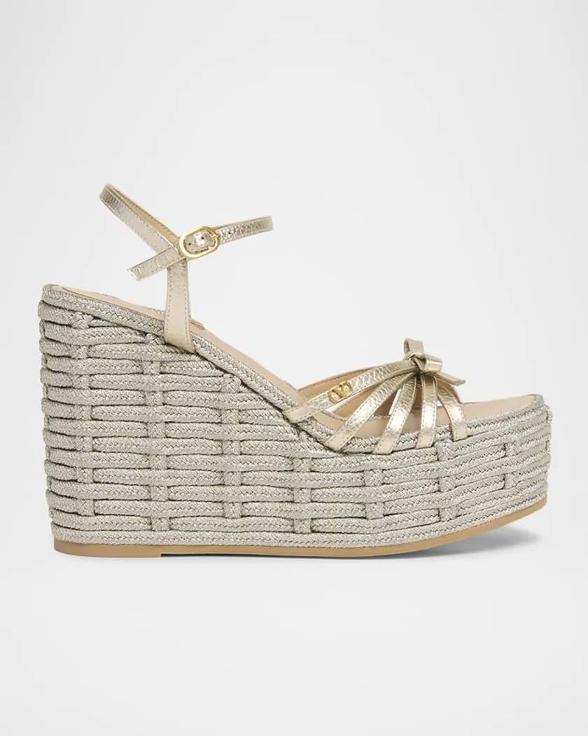 Metallic Bow Ankle-Strap Wedge Espadrilles