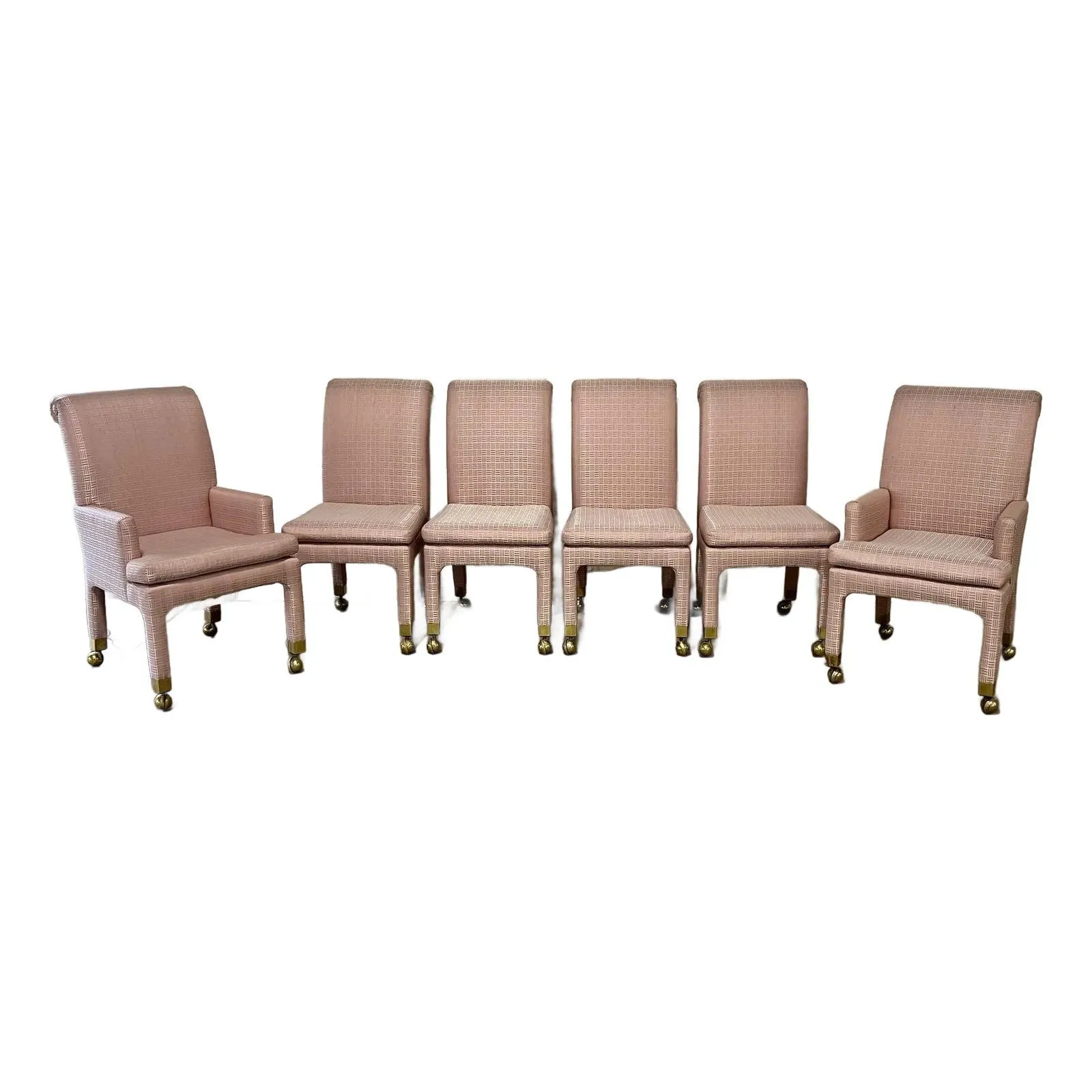 Late 20th Century Set of 6 Henredon Pink Upholstered Parsons Palm Beach Regency Style Dining Chairs on Casters