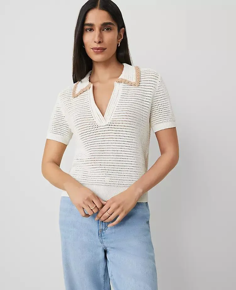 Contrast Trim Crochet-Collar Tee