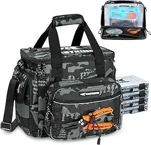 KastKing BaitSpace Fishing Tackle Bag With 4 Tackle Boxes & Removable Bait Binder, Water-Resistant Tackle Storage, Durable Fishing Gear, Adjustable Shoulder Strap