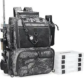 Rabjen Fishing Tackle Backpack with Rod Holders, Bottle Holder, Storage Bag Store Fishing Gear