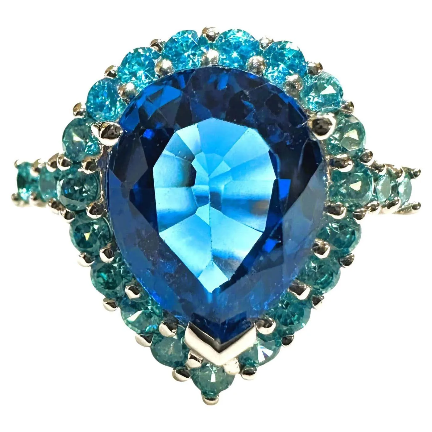 New 5.25 Carat Pear Cut Topaz & Diamond Cut Blue Sapphire Sterling Ring