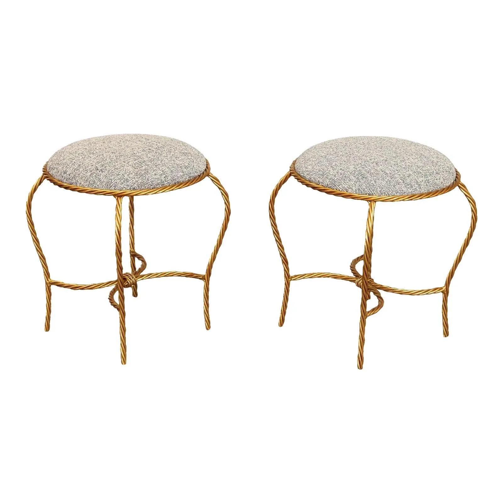 Hollywood Regency Pair of Gilt Metal Rope Twist Stools