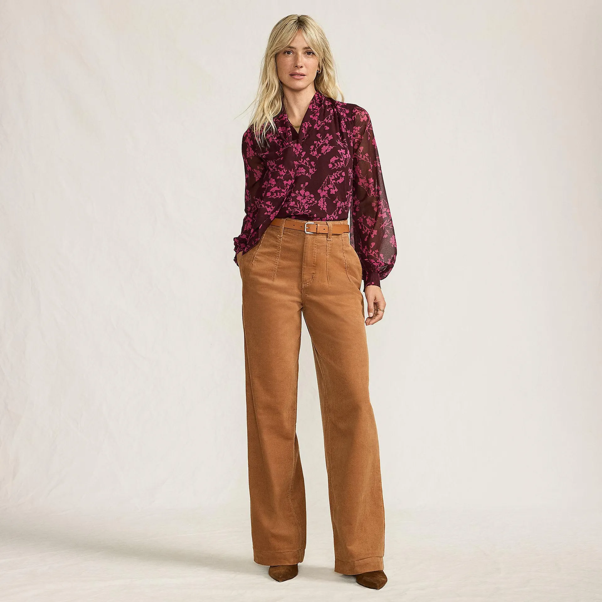 Women's Corduroy High Rise Wide Leg Top Stitch Trousers