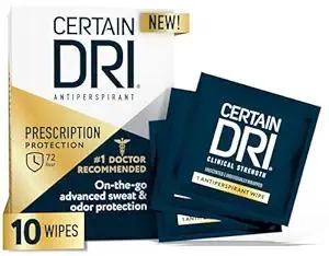 Certain Dri Antiperspirant Wipes for Excessive Sweating & Hyperhidrosis – 72HR Clinical Strength Odor & Perspiration Protection, Travel-Friendly, Dermatologist Recommended, (10 Count)