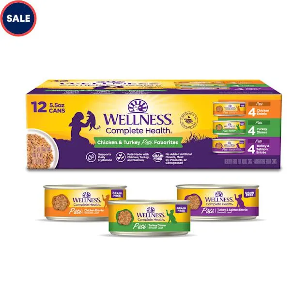 Wellness Complete Health Chicken & Turkey Pate Favorites Cat Food Variety Pack, 5.5 oz., Count of 12