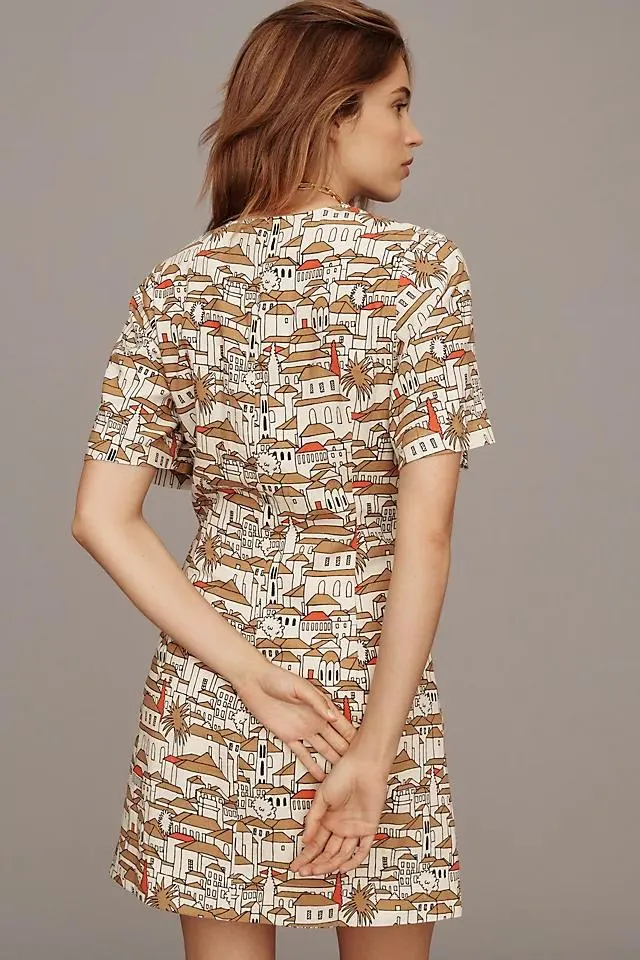 Porridge Short-Sleeve Crew-Neck Linen Printed Mini Dress