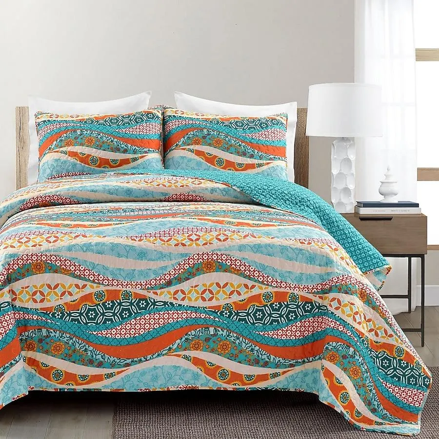 Lush Decor Turquoise Wave Reversible Full/Queen Quilt Cotton