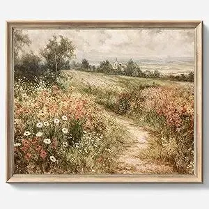 Framed Canvas Wall Art Vintage Decor, Vintage Painting Wall Art Prints, Landscape Wall Art for Living Room Decor Bedroom Home Bathroom Wall Decor (Wildflower Field)
