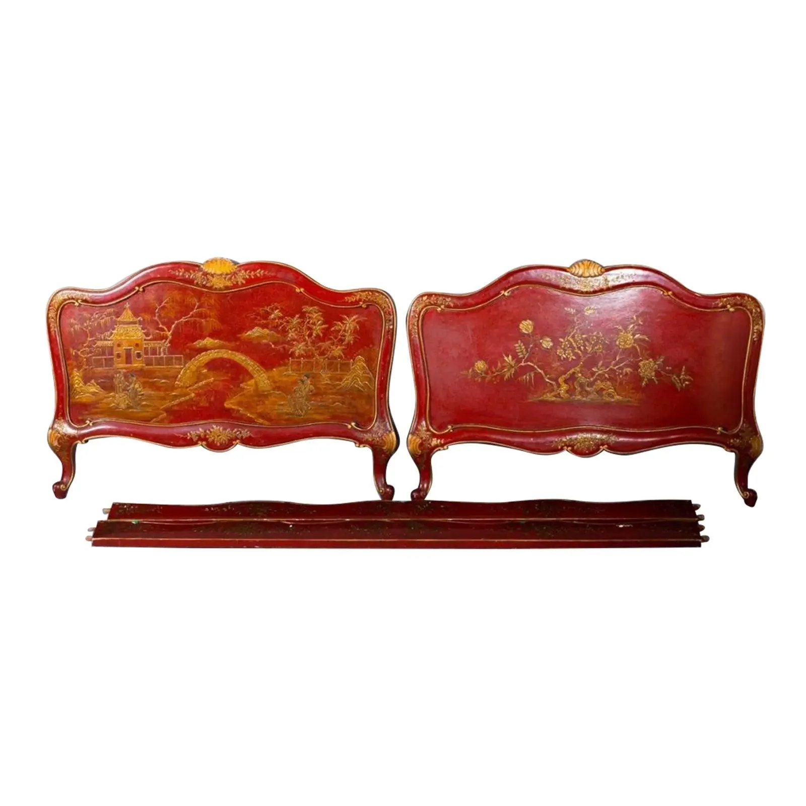 1940s Red Lacquered Chinoiserie Decorated Bed