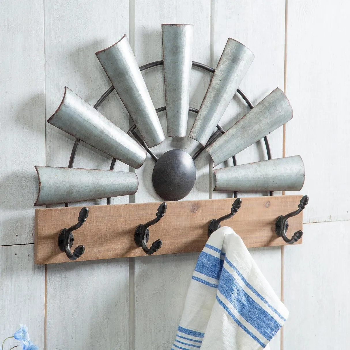 Galvanized Metal and Wood Windmill Hook Rack