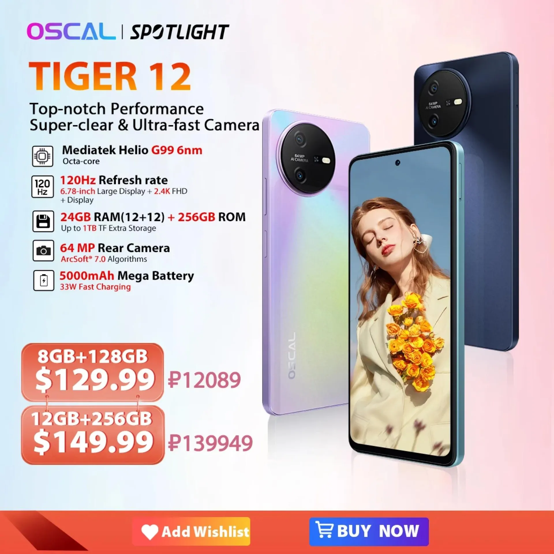 [Estreno mundial] OSCAL TIGER 12 Smartphone Android13 Helio G99 6.78” 120Hz 2.4K Pantalla Celular 24GB 256GB 64MP Teléfono Móvil