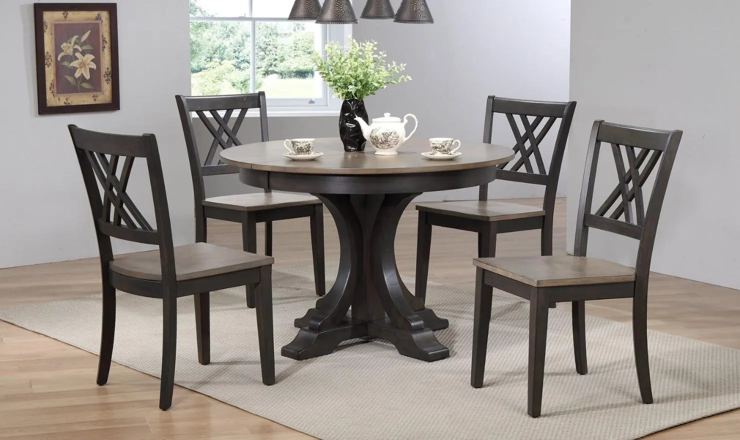 Iconic Furniture Deco Antiqued Grey Stone Black Stone 5-Piece Dining Set With Double X-Back