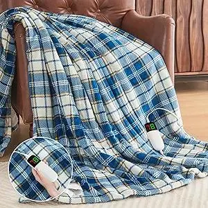 Heated Blanket Electric Throw 50X60, Heating Throw with 10 Levels 8 Hours Auto Off, Blue Plaid Sherpa Blanket Winter Warmer, Christmas Housewarming Gifts for Women Mom, Home Decor for Couch Bed Office