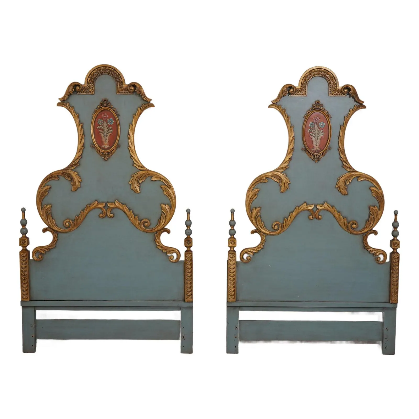 Pair Venetian Style Paint Decorated Twin Bed Headboards