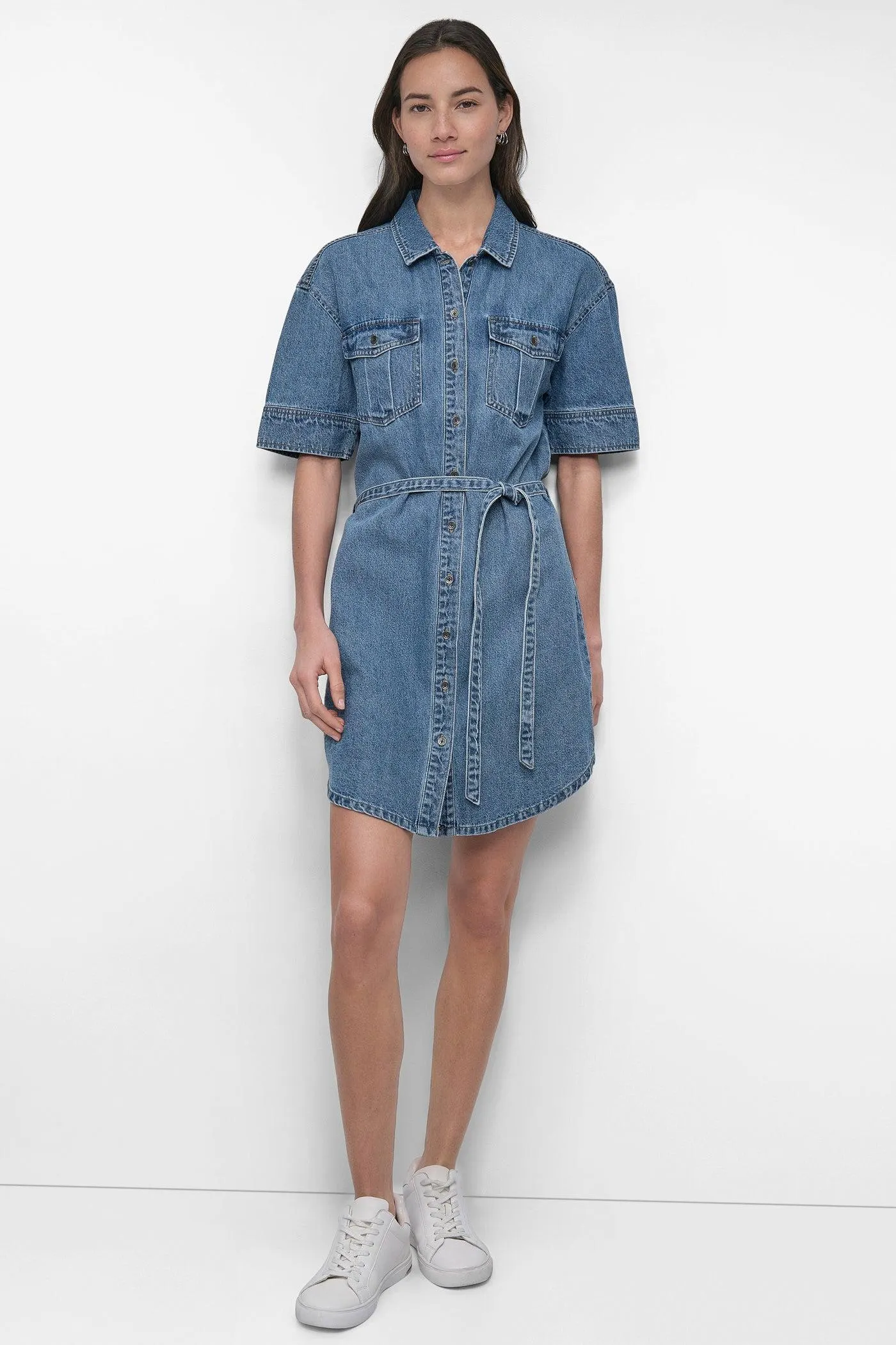 BELTED DENIM MINI SHIRT DRESS