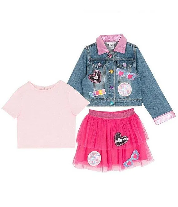 Little Girls Long-Sleeve "Dance It Out" Denim Jacket, Short-Sleeve Solid Knit T-Shirt & Patch-Detailed Tutu Skirt
