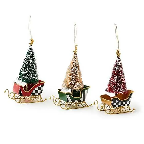 Courtly Bottle Brush Tin Sleigh Ornaments, Set of 3