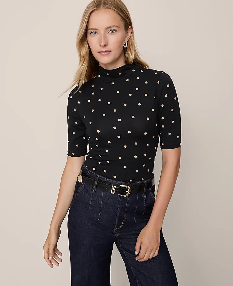 Dotted Mock Neck Elbow Sleeve Top