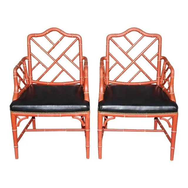 Pair of Gorgeous Red Chinese Chippendale Faux Bamboo Armchairs
