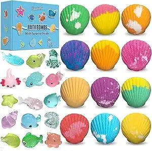 Bath Bombs for Kids with Surprise Toys Inside, 12 Pack Shell Kids Bath Bombs Gift Set for Girls Boys Birthday, Easter, Christmas, Halloween, Handmade Organic Bath Fizzy Bomb with Sea Animal for Child