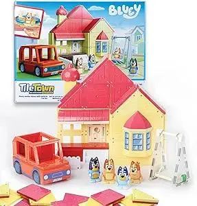 Tile Town Bluey Heeler Family Home 52-Piece Magnetic Tile Playset, Interactive STEM Magnetic Tiles Toys, Includes Bluey & Bingo Figures, Action Tiles
