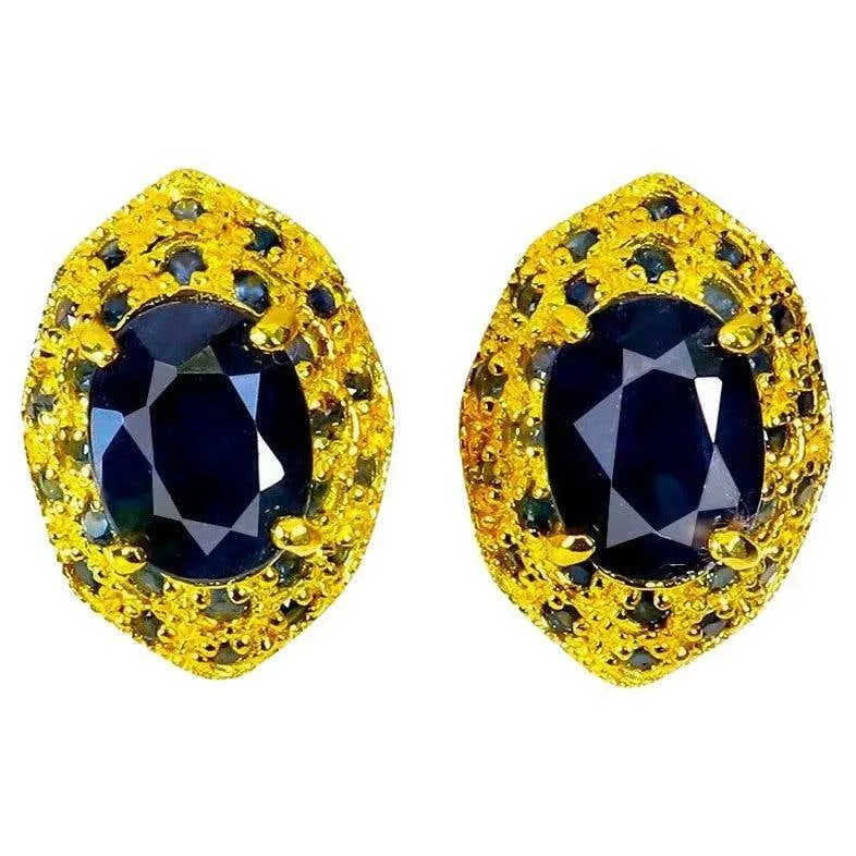 New 1.86 Carat Sapphire & Diamond cut Sapphire 14k Y Gold PL Sterling Earrings