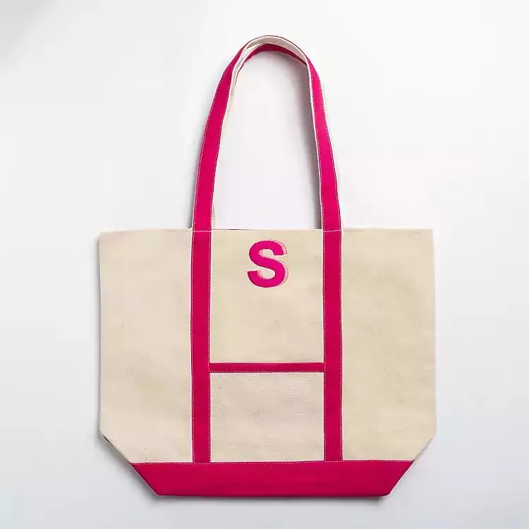 Pink Embroidered Monogram S Boat Tote