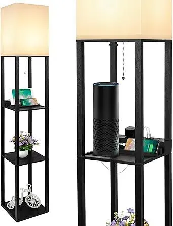 SHINE HAI 3-in-1 Shelf Floor Lamp with 1 USB&Type C&1 AC Outlet, 3-Tiered LED Bedroom Lamp, Shelf & Storage Combination Modern Standing Light