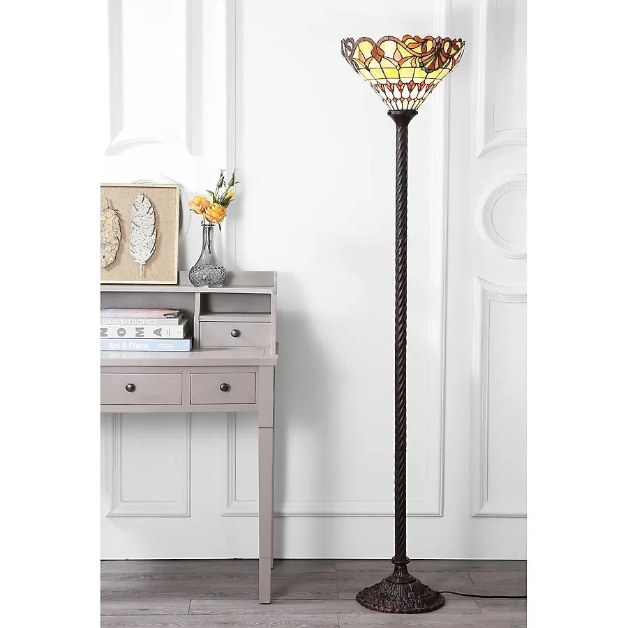 JONATHAN Y Davis Tiffany-Style Stained Glass/Iron Traditional 70-in Bronze Torchiere Floor Lamp with Glass Shade