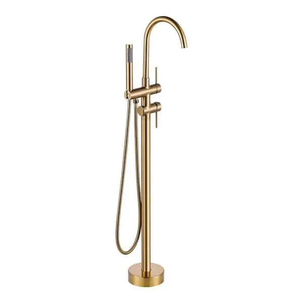 Double Handle Floor Mounted Freestanding Tub Faucet with Handheld Shower in Gold