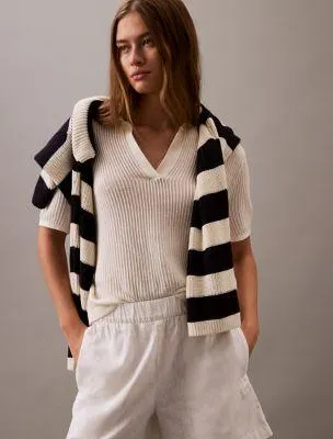 Open Knit Relaxed Polo Sweater