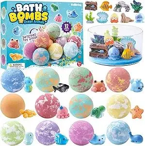 12Pack Ocean Animals Bath Bombs for Kids with Toys Surprised Inside, Organic Natural Bubble Bath Fizzy More Decorations for DIY Fish Tank Birthday Ideal Set for Girls Boys Toddlers