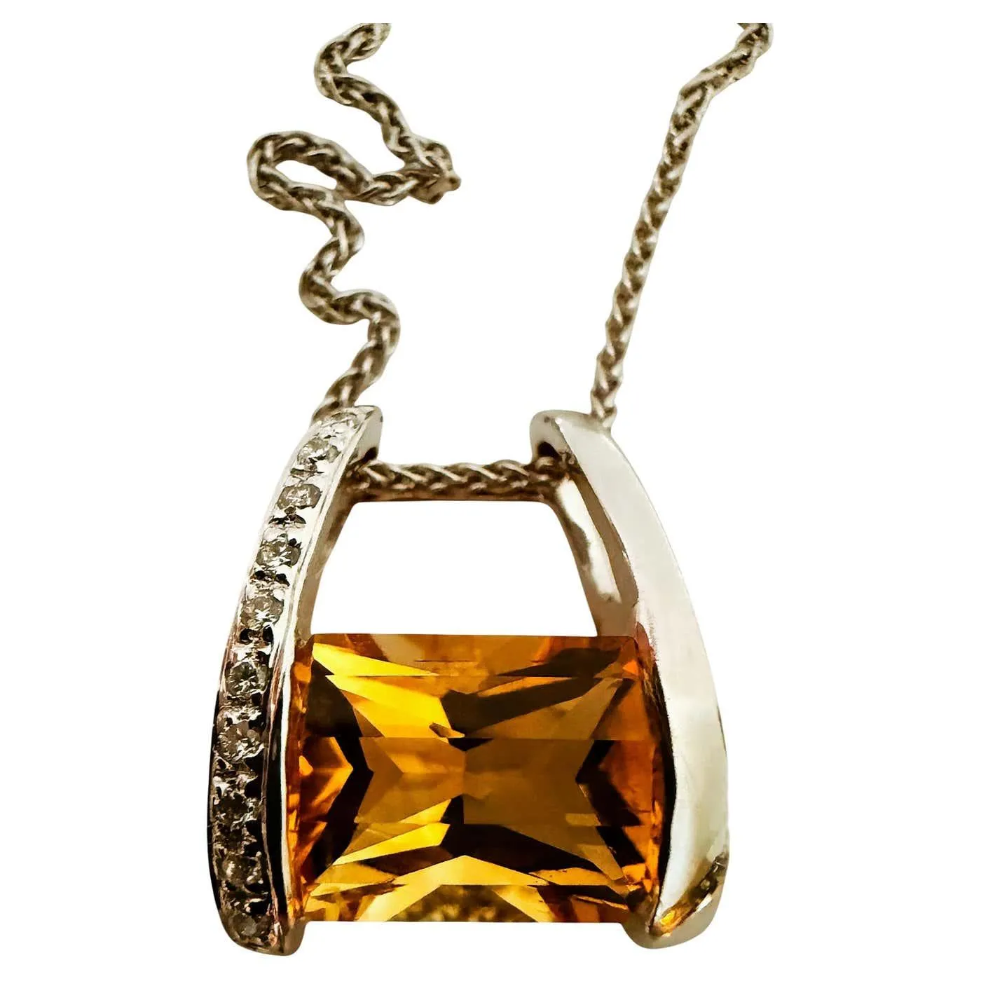 18k White Gold 5.0 Convex Radiant Carat Citrine & .10 Carat Diamond Necklace 18"