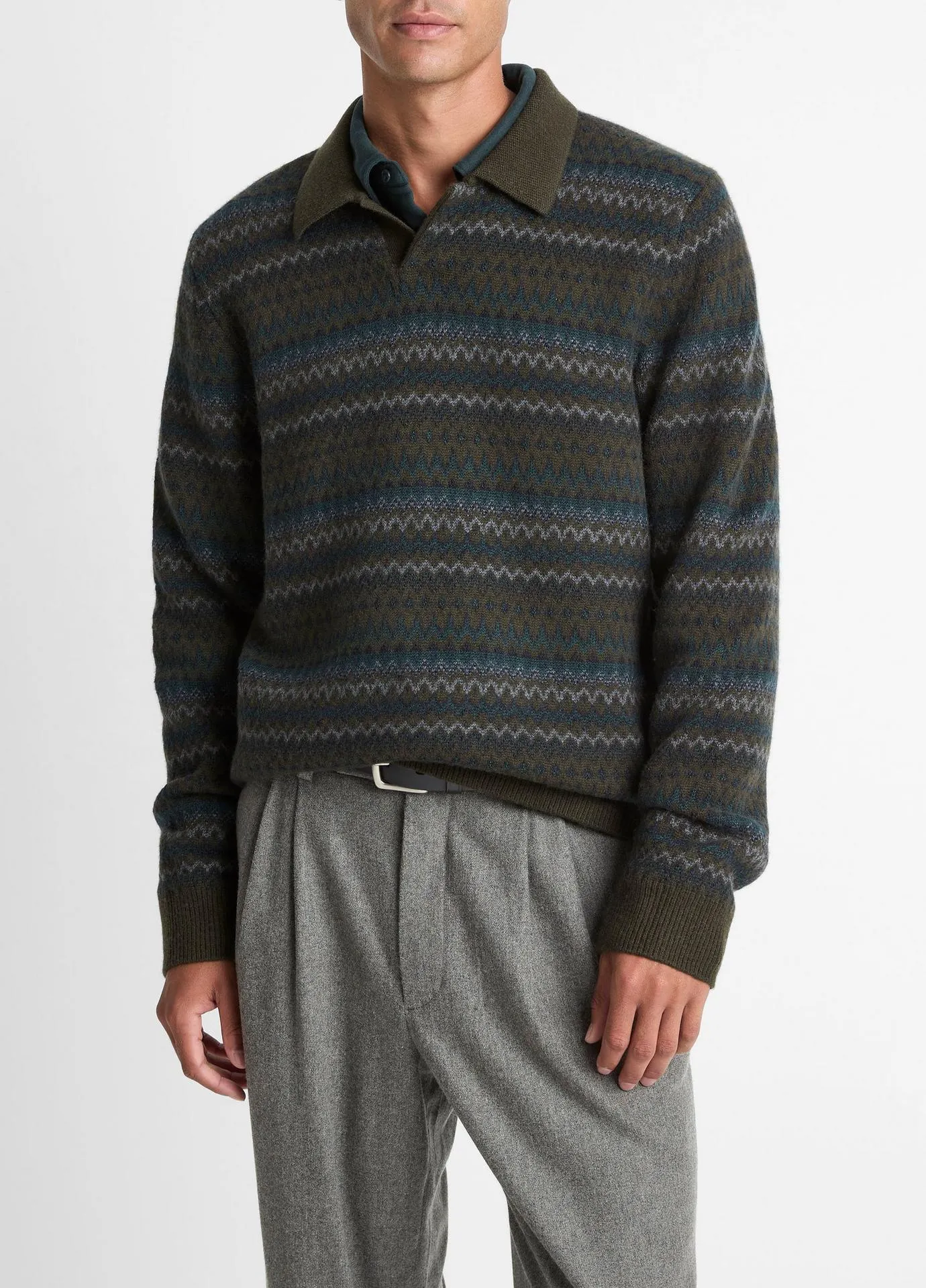 Fair Isle Wool-Cashmere Johnny-Collar Sweater