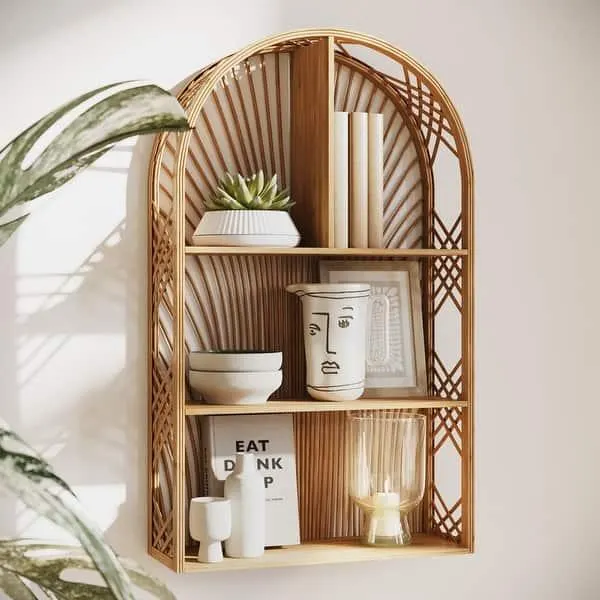 Harmony Arch Rattan Boho Tiered Wall Shelf - 28"H x 16.5"W x 6"D
