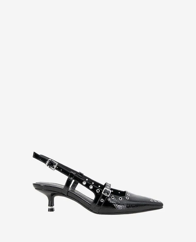 Martha Patent Eyelet Slingback Kitten Heel - Black Patent
