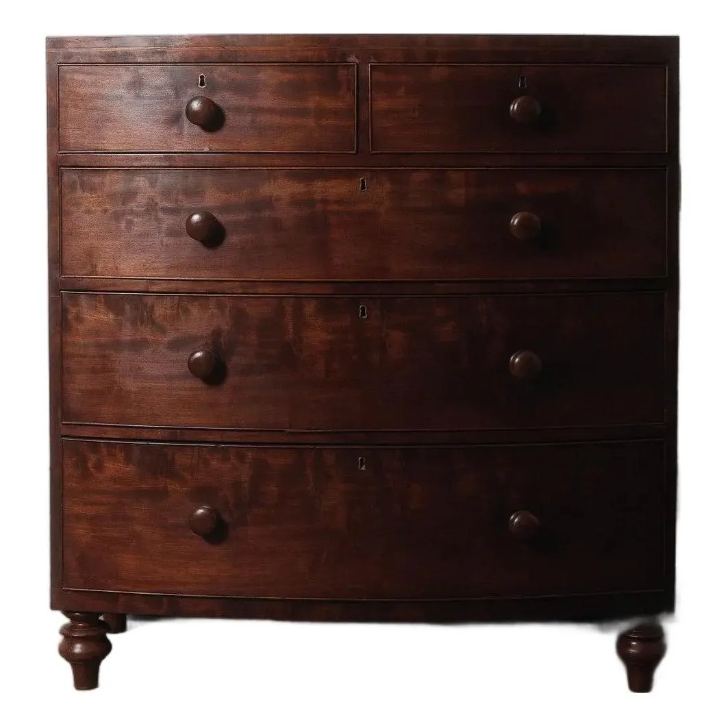 Antique 19th-Century Bow-Front Solid Mahogany Chest of Drawers