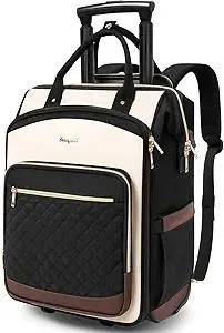 Rolling Backpack for Women, Travel Backpack with Wheels, Dual-Opening Wheeled Laptop Backpack, Stylish Rolling Laptop Bag, Overnight Underseat Carry on Luggage for College Business Work, Beige Brown