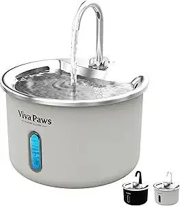 Viva Paws Cat Water Fountain, 2L/74oz Stainless Steel Pet Fountain with LED Light, Ultra-Quiet Pump <25dB, Water Level Window, 4-Stage Filter, Dishwasher Safe, for Cat & Small Pets(1 Set Filter)