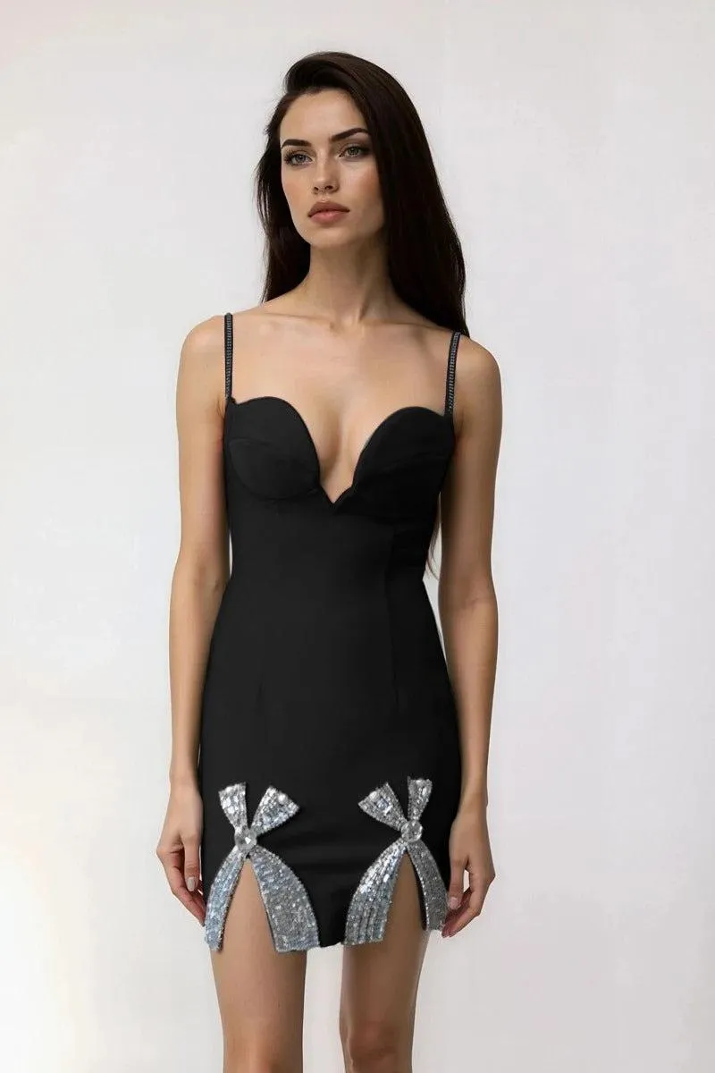 Rhinestone Bow Sweetheart Bodycon Mini Dress