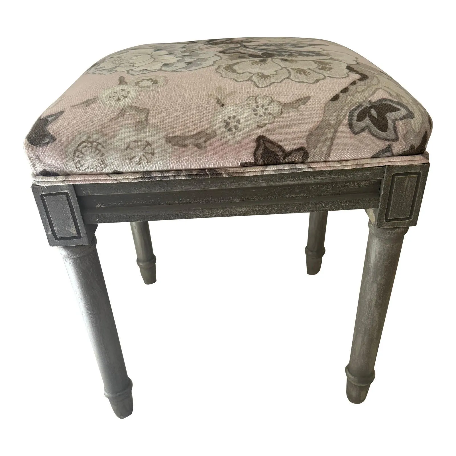 Upholstered Accent Vanity Stool Seat in Schumacher Bermuda Blossom Blush Fabric