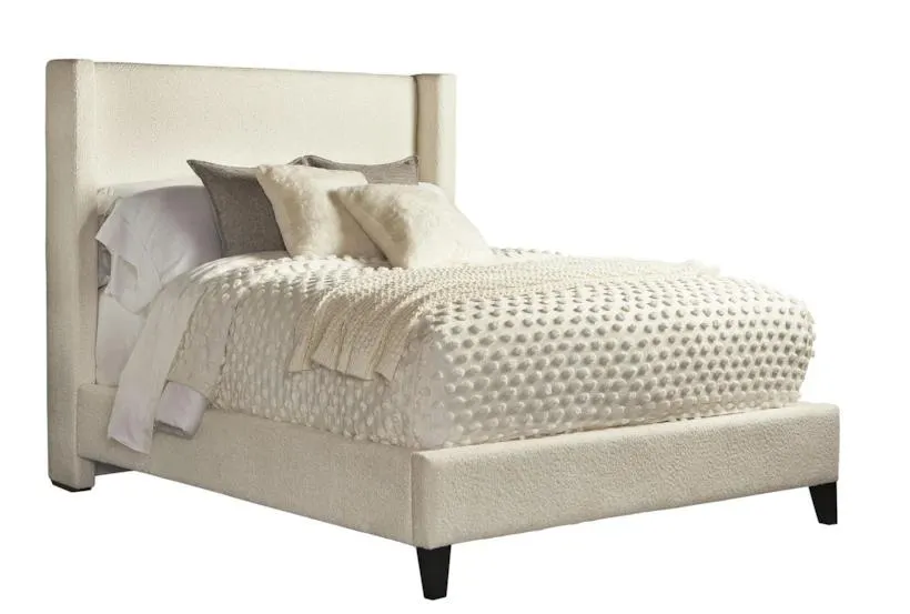 Alena Beige Fabric Queen Upholstered Wingback Shelter Bed | Adjustable Base Compatible