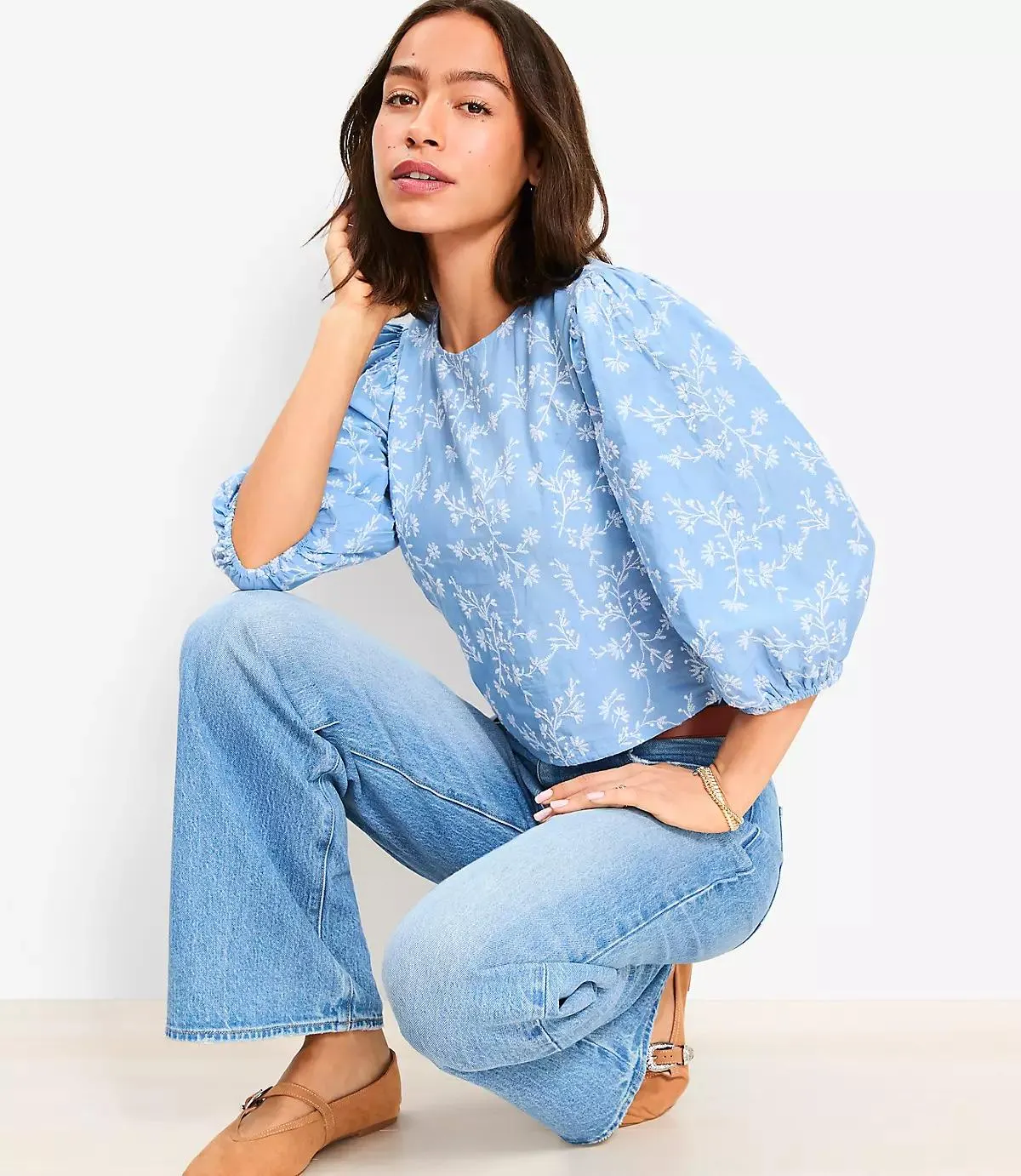 Floral Embroidered Elbow Sleeve Blouse