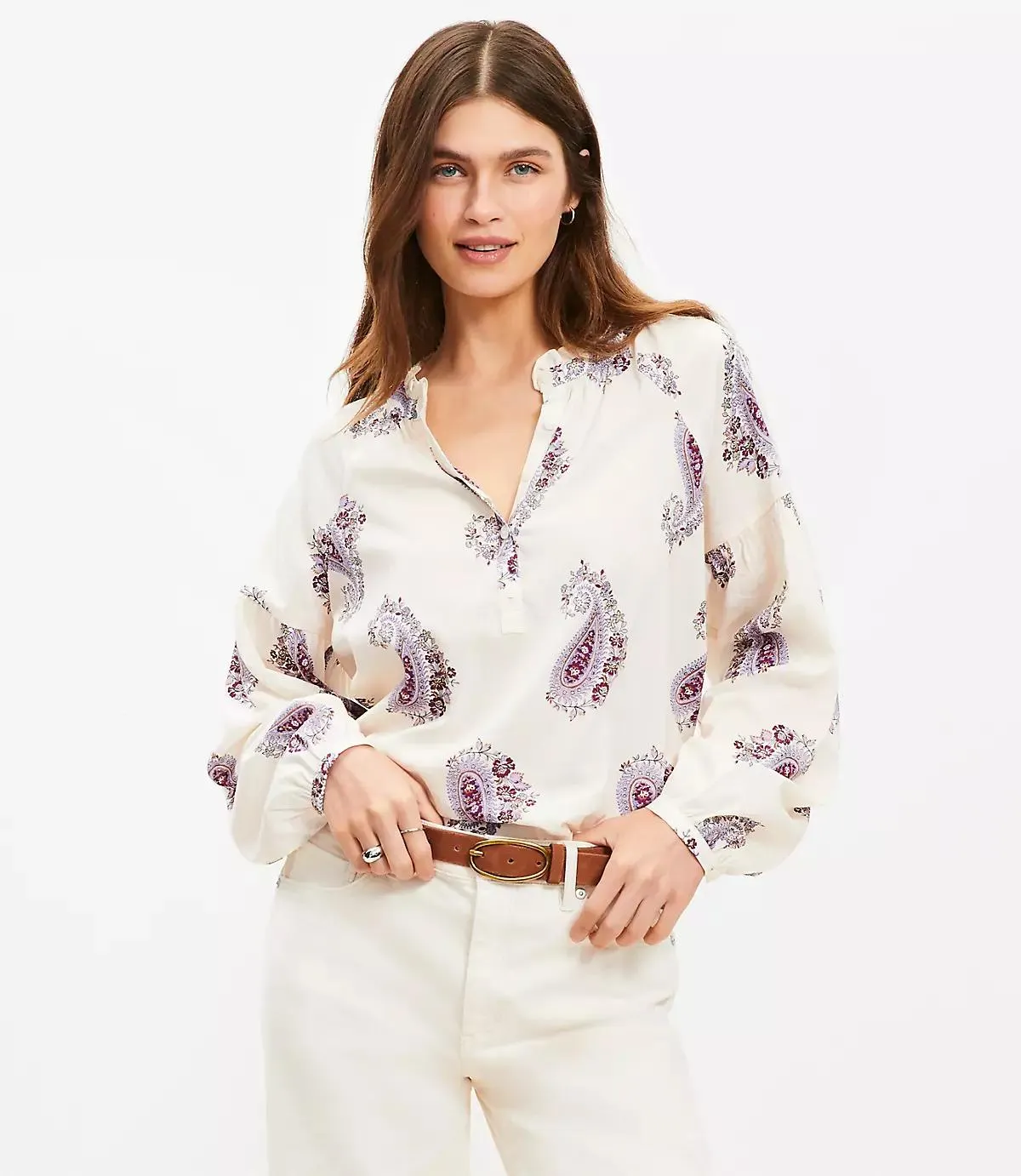 Paisley Draped Sleeve Henley Blouse