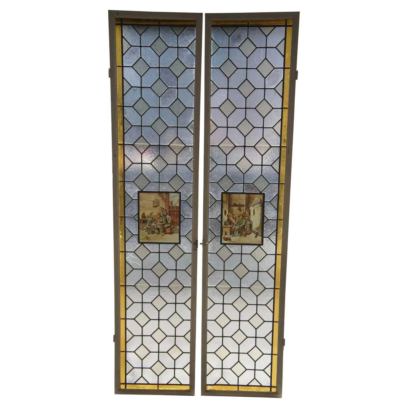 2 Antique European Leaded Stained Glass Diamond Window Panels Sidelight 73"