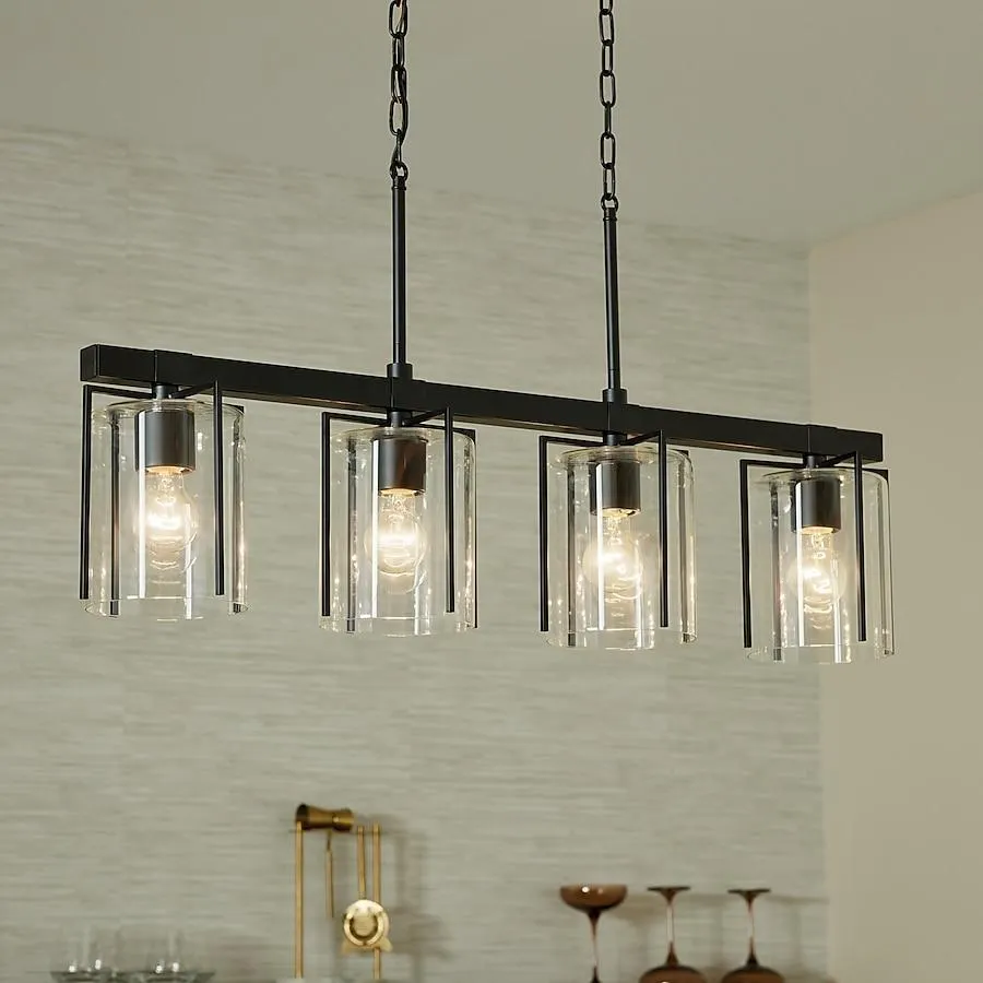 Kichler Birk 4 -Light Matte Black Farmhouse Clear glass Linear Large Hanging Kitchen island light