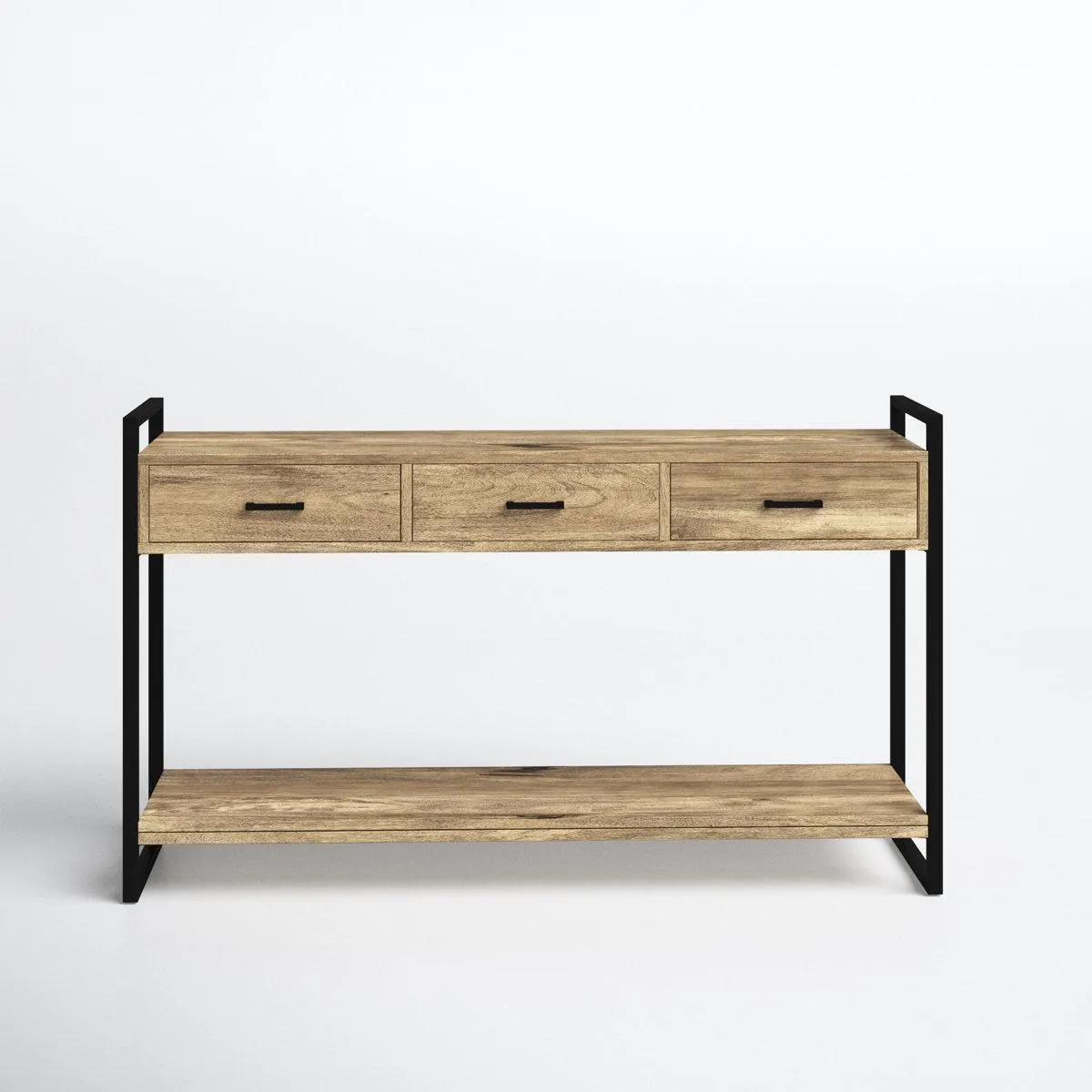 Riverside 54"W Solid Mango Wood and Metal Modern Industrial Storage Console Table with 3 Drawers and Open Shelf