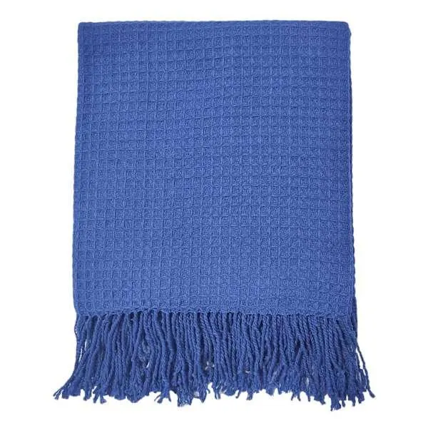 Providence Blue Waffle Woven Fringe Throw Blanket, 50x60