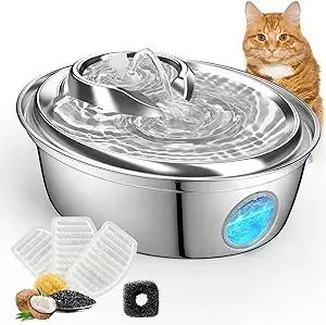 ORSDA Cat Water Fountain Stainless Steel, Automatic Pet Water Fountain, 67oz/2L Drinking Fountain Dog Water Dispenser with Water Level Window for Cats and Small Dogs- 4Pcs Filters (D36)